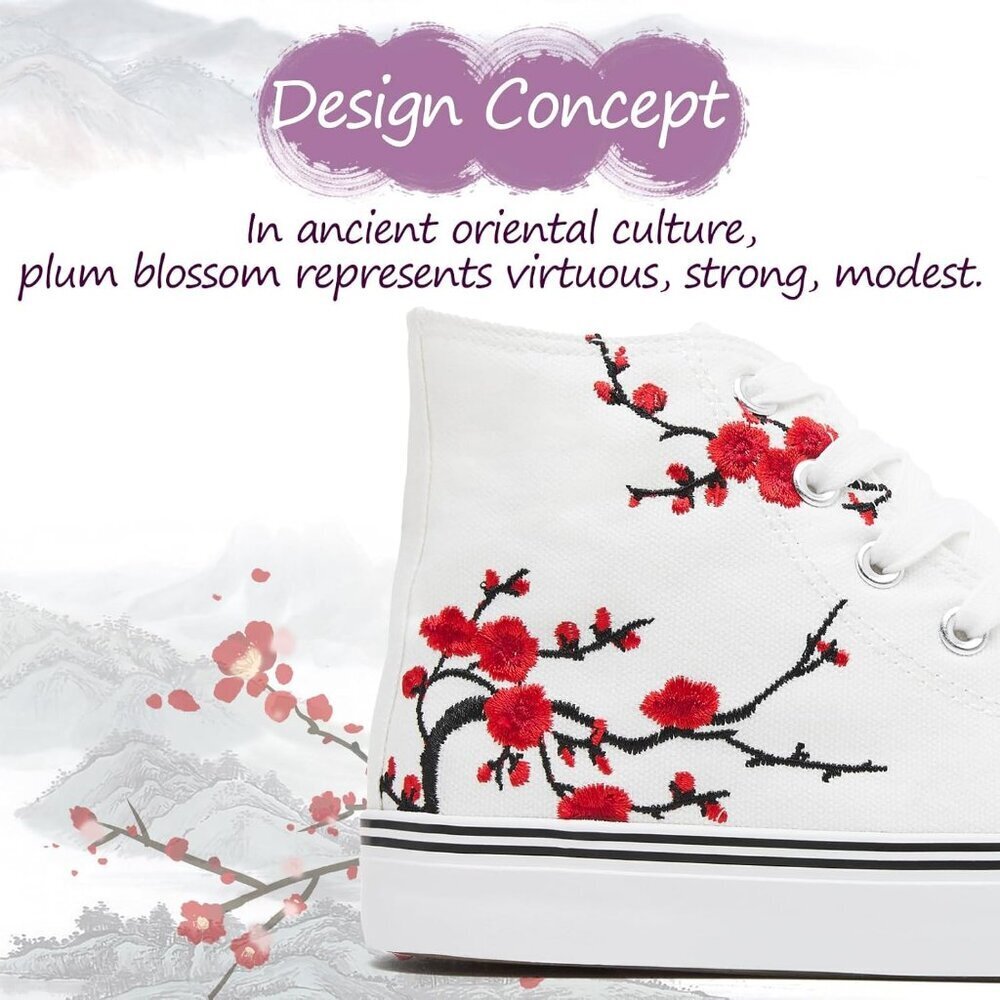 Women's White Black High Top Canvas Sneakers Lace Up Sneakers Casual Walking - Picture 3 of 6